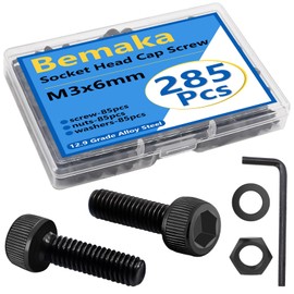 Bemaka 285PCS M3 x 6mm Screws with Nuts and Washers, Hex Socket Head Cap Screws 12.9 Grade Alloy Steel M3 Bolts with Hex Wrench