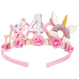 SuPoo 4th Birthday Headband Flower Birthday Crown for Girls Princess Tiara 4th Birthday Decorations for Girl Hair Band Cute 4 Year Old Birthday Party Decorations Accessory