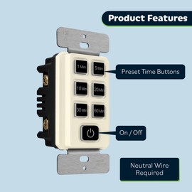 TOPGREENER 1-Hour Countdown Timer Switch, 1-5-10-20-30-60 Min, for Fans and Lights, LED Indicator, 120VAC 60Hz, 1/2HP, 150W LED, Neutral Wire Required, UL Listed, TGT06-1H-RT-LA, Light Almond