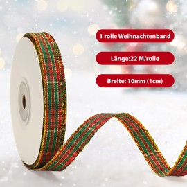 G2PLUS Red and Green Gift Ribbon 10 mm, Slim Christmas Checked Ribbon with Gold Edge, 22 m Plaid Christmas Ribbons for Gifts, Decorative Ribbon for Christmas Wreaths, Christmas Tree Decoration