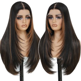 Sheshakewave Synthetic 13x4 HD Lace Front Wigs Pre Plucked Skunk Stripe Brown with Black 26 Inch Long Layered Straight 100% Futura Premium Lace Wigs For Women Ready to Wear Wig Daily Party Use