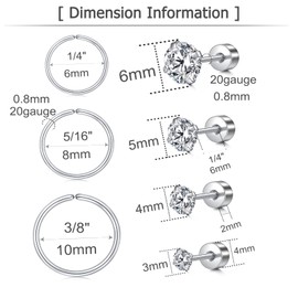 MODRSA Flat Back Earrings Screw Back Earrings for Women Flat Back Stud Earrings Surgical Steel Earrings with Screw Backs 20g Cartilage Earring Stud Cartilage Hoop Earring Helix Hoops Silver