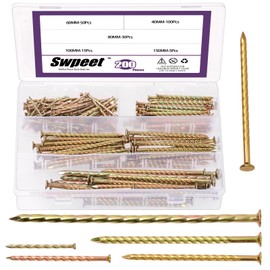 Swpeet 200Pcs 5 Sizes 40/60/80/100/150mm Carbon Steel Colored Zinc Plated Fence Deck Nails Assortment Kit, Spiral Shank Spikes Spiral Deck Nail for House Floor Repairing Wall Woodworking