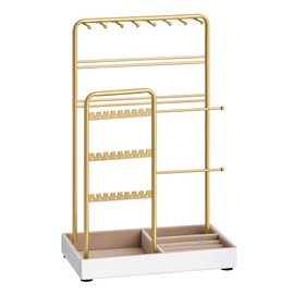 SONGMICS Jewellery Stand, Jewellery Organiser, Jewellery Display Stand with Metal Frame and Velvet Tray, Earring Bracelet Holder, Necklace Stand, for Studs, Rings, Gift Idea, Gold Colour JJS021A01