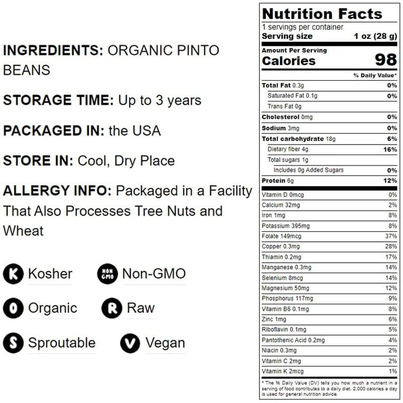 Food to Live Organic Pinto Beans, 1 Pound Non-GMO, Frijioles