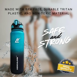 Herculine Water Bottle 1 Litre/35oz with BPA Free Tritan Plastic, Silicon Straw and Sipper, Durable Leak Proof, Carry Loop and Strap. Ideal for Fitness, Yoga, Daily Hydration, Outdoor Activities