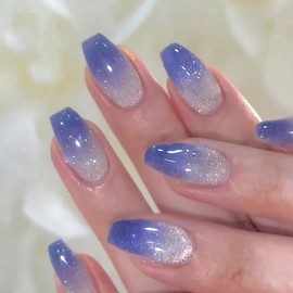 Mkwntg Blue Ombre Press on Nails Medium Square Fake Nails Luxury Cat Eye Glitter Full Cover Acrylic Nails Glossy Bling Blue Gradient Glue on Nails for Women Girls Manicure Nail Decoration 24Pcs