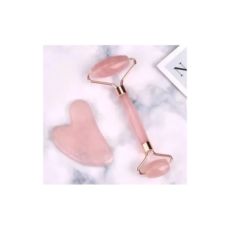 Guasha De Cuarzo Rosa Y Rodillo Para Masaje Facial