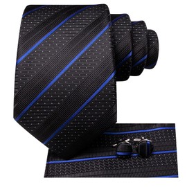 Hi-Tie Mens Plaid Ties Classic Paisley Necktie with Handkerchief Cufflinks Set Business Stripe Tie,Black Blue