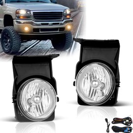 SPIEGEER Fog Lights Lamps Assembly For 2003 2004 2005 2006 GMC Sierra 1500 2500 3500 Fog Lamps Replacement with Wiring Harness & Switch Kit H10 12V 45W Halogen Bulbs(Clear Lens)