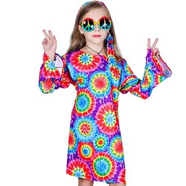 KalcyKizz Girl's 60s 70s Flower Hippie Costume Fancy Dress (M（7-9）)