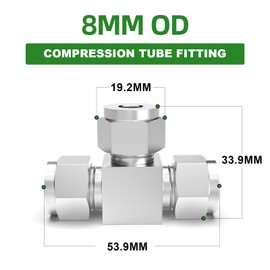 TAISHER 2 PCS 304 Stainless Steel Compression Tube Pipe Fitting Connector, 8mm Tube OD Tee Adapter