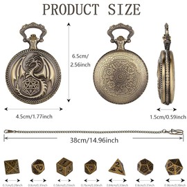 Mini DND Dice Set, Embossed Dragon Case, Dungeons and Dragons Dice, Dragon Pattern Watch, 7-Piece Metal D&D Dice with Dragon Pocket Watch Case, Pocket Watch Dice Case, DND Gifts, Bronze Colour, bronze