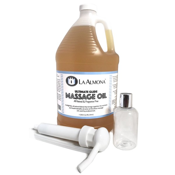 La Almona - Ultimate Glide Massage Oil, 1 Gallon with Dispensing Pump & 4oz Bottle
