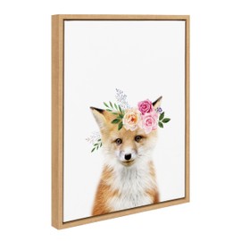 Kate and Laurel Sylvie Flower Crown Fox Framed Canvas Wall Art by Amy Peterson Art Studio, 18x24 Natural, Cute Animal Art for Wall Décor