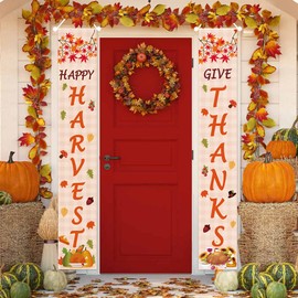 Fall Front Porch Decorations Outdoor, Autumn HAPPY HARVEST/THANKS Hanging Porch Banner with Maple Leaves Fruits Turkey Patterns for Home Wall Door Porch Sign Farmhouse Yard Supplies