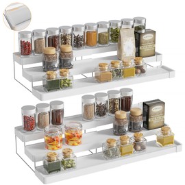 INVOCOO 2 Pack Expandable Spice Rack Organizer for Cabinet - 3 Tier Adjustable Cabinet Spice Organizer Easy Visibility - Spice Organizer for Cabinet Countertop Cupboard Pantry Organization (White)