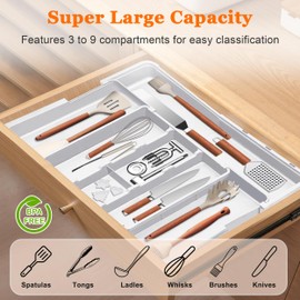 Spaclear Large Utensil Drawer Organizer Expandable Silverware Organizer for Kitchen Drawer Adjustable Cooking Utensil Holder Cutlery Flatware Tray Spatula Tools Gadgets Storage Dividers Plastic White