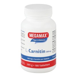 Megamax L-Carnitin 500 mg 180 Tbl.(l-carnitine, carnipure). Körpereigenes L-Carnitin unterstützt die Energiefreisetzung im Fettstoffwechsel. Inhalt: 180 Tabletten à 500 mg L-Carnitin