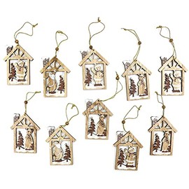 Robelli 10pc Natural Wooden Rustic Christmas Tree houses Hanging Decoration Baubles - Bear, Reindeer, Santa