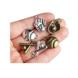 Acxico 60Pcs Baseball Theme Charms Collection Mixed Antique Silver Glove Ballgame Sports Ball Softball Metal Alloy Pendants for Making DIY Accessories