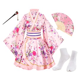 Japanese Anime Women's Dance Kimono Robe Fancy Dress Yukata Silk Folding Fans Tabi Hairstick Socks Set Pink Small