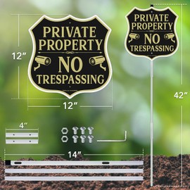 Faittoo No Trespassing Signs Private Property Video Surveillance Sign with 42" Stake, 2-Pack 12"x12" Rust Free Aluminum, Reflective, 2 pre-drilled holes, Includes Matching Screws & Wren