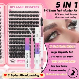Lash Clusters Kit, 560 Pcs Eyelashes Clusters Kit 9-16mm Individual Lash Extension Kit D Curl Fluffy Wispy False Eyelashes (60D+80D, Lash Clusters Kit)