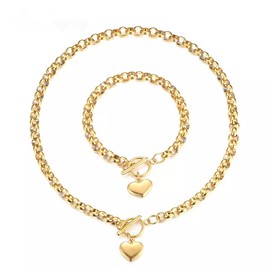 LKingel Love Heart Pendant Choker Necklace Bracelet Set for Women Gold/Silver Heart Pendant Necklace Bracelet Punky Pledge Necklace Bracelet Set Dainty Chunky Link Chain Choker Necklaces for Girls (Gold)