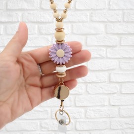 MyfavoriteK Badge Reel Flower Wooden Teacher Lanyards for Id Badge Cute Beaded Lanyards for Women for Student Nurse, Purple, Medium