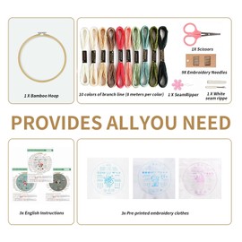 3 Sets Embroidery Kit for Beginners Embroidery Stitch Practice Kit for Beginners Adults, Stitch Practice Kit, Includes Cloth with Pattern, Hoop, Colorful Threads and Tools