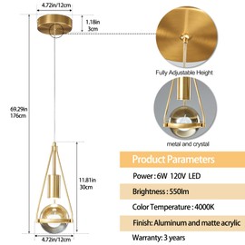 ADCTHOME Gold Dandelion Pendant Light in Brushed Brass Finish, 1-Light Mini Globe Modern Crystal Kitchen Island Pendant Lighting Dimmable LED Hanging Ceiling Light Fixture for Bathroom Bedroom