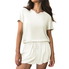 Litherday Women's Short Cotton Short Sleeve Pyjamas Set Pyjamas for Women Summer Sleepwear Set Two Piece with Pockets, White