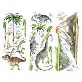 Large Dinosaur Wall Stickers, Tropical Animal Dino Palm Tree Plants Wall Art Decals, Large Jungle Animal Tree Branch Wall Stickers, Watercolor Dino Wall Stickers for Baby Nursery Kids Bedroom Decor