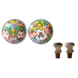 Decorative Wine Stoppers Dark Brown Heads Traditional Sicilian Ceramic Type, Multicoloured (Dark Brown Trinacria_Wheel)