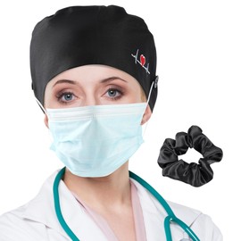 Satin Lined Scrub Cap for Women Nurse Scrub Hat Ponytail Dental Scrub Caps Surgical Bonnet with Buttons Heart Black