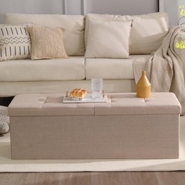 CUYOCA 45.3 Inches Storage Ottoman Bench Foldable Seat Footrest Shoe Bench End of Bed Storage with Flipping Lid, 166L Storage Space, Linen Fabric Sandy Beige