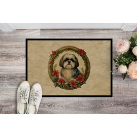 Caroline's Treasures DAC2431JMAT Shih Tzu Christmas Flowers Doormat Front Door Mat Indoor Outdoor Rugs for Entryway, Non Slip Washable Low Pile, 24H X 36W