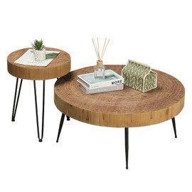 RUSTOWN Farmhouse Round Coffee Table Set of 2, Cocktail Table Set, Modern Circle Natural Wood Finsh Side and End Table Sets for Living Room(Planar, Natural)