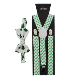 Zac's Alter Ego Men's Matching Clover Leaf St Patrick's Day Suspenders & Bow Tie Combo Set