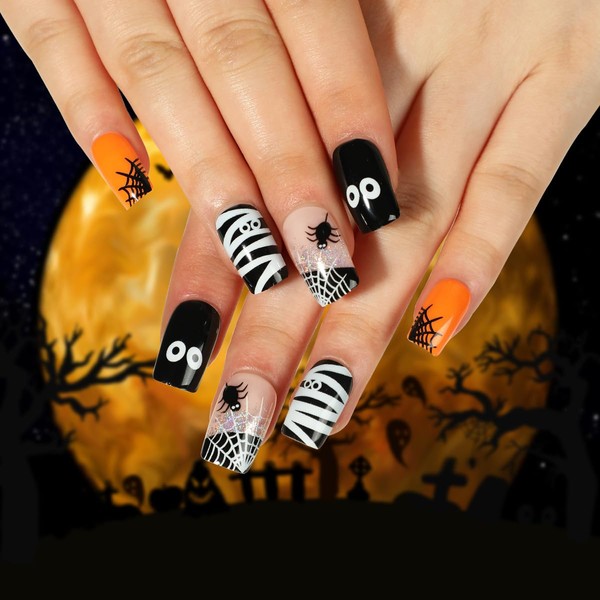 Halloween Press On Nails - Medium Square Black False Nails