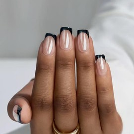 LPOODDNU Square Press on Nails with Black French Tip Designs Coating Fake Nails Medium Acrylic Nails Press ons Plating False Nails Reusable Glue on Nails Chrome Nails for Women Girls 24Pcs