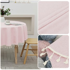 Qubjus Round Textured Tablecloth Waterproof Cotton Linen Tassel Wrinkle Free Washable Decorative Fabric Table Cover for Kitchen Dining Table, Round-48, Pink