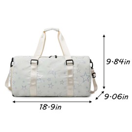 Jupkem Star Pattern Sports Duffle Bag for Women Travel Gym Weekender Overnight Bags with Shoe Compartment and Wet Pocket (White)