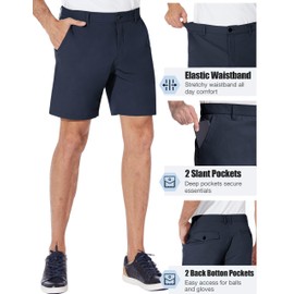 PULI - Vestido corto de golf para hombre, con frente plano, híbrido, 7 pulgadas, elástico, ligero, secado rápido, estilo chino casual con bolsillos, marino, 30W x 7L