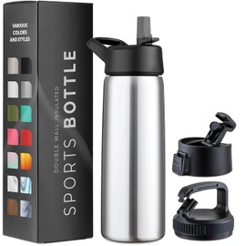 Triple Walled, Insulated Water Bottles with Straw - Stainless Steel Metal Bottle W/ 3 Leak Proof Lids - For Travel, School, Sports, Gym/Men, Women (Brushed Stainless Steel)