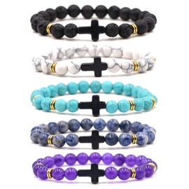 EVELICAL 5Pcs Bead Bracelet for Men Women Lava Rock Stone Cross Bracelet Elastic Style B