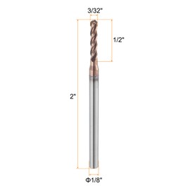 HARFINGTON Ball Nose End Mill 4 Flute 3/32" Diameter 1/8" Shank Tungsten Carbide TIN Coated Spiral CNC Router Bits 1/2" Cutting Length Single End Ball for Carving Engraving Grinding