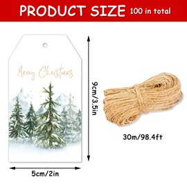 Whaline 100Pcs Christmas Paper Gift Tags Gold Foil Merry Christmas Paper Tag Watercolor Tree Seasonal Wishes Holiday Hang Name Tags Label with Twine, Xmas Winter Great DIY Gift Seasonal Party Favors