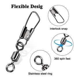 VEPEPE 120 Pcs Fishing Swivel Snap Links Set, Safety Snaps Swivels Tackle, Stainless Steel, Baseline Connectors, Anglers 6 Sizes 6# 7# 8# 10# 12# 14# for Freshwater Saltwater Bass Carp Fishing